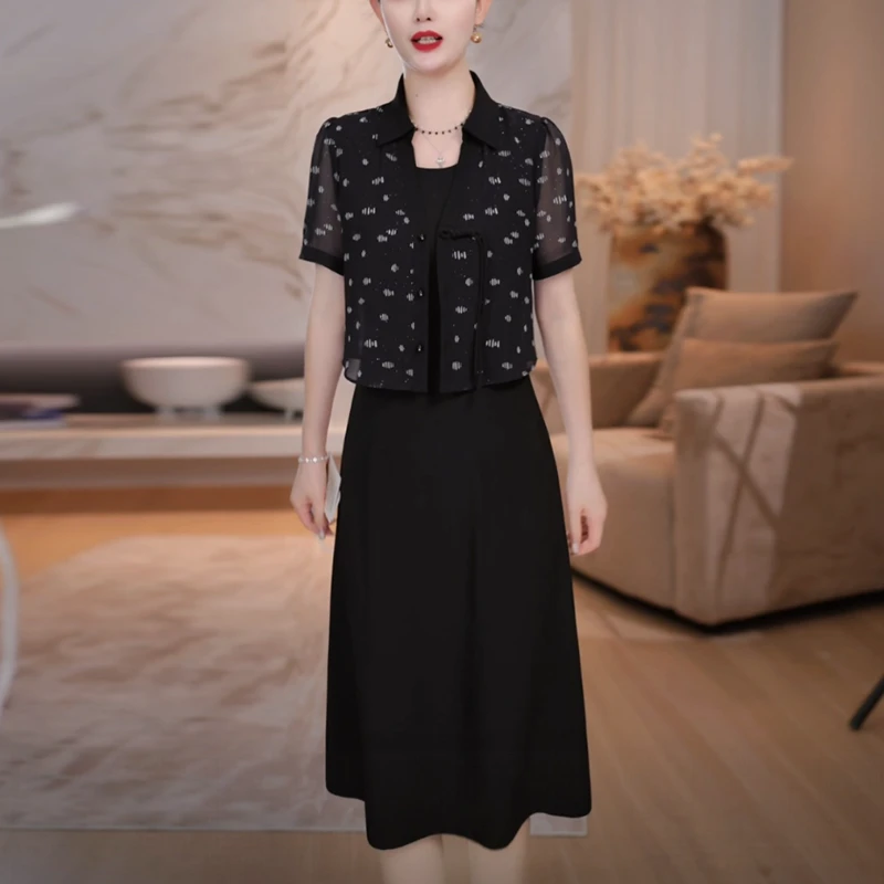 轻羽丝时尚轻奢高级感女装2025夏季新款气质百搭显瘦假两件连衣裙