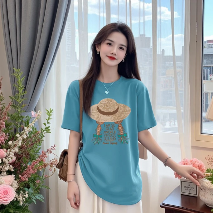 【草帽姑娘】纯棉高品质大版短袖T恤 印花宽松休闲时尚洋气夏季1