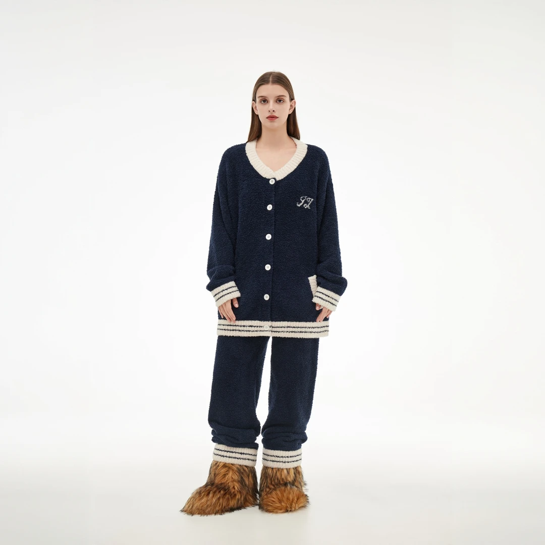 半边绒纯色家居服睡衣套装秋冬加厚加绒圆领开衫宽松