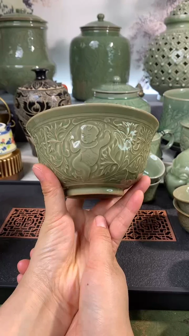 耀州窑微瑕小口失圆缠枝婴戏碗14CM口径四只