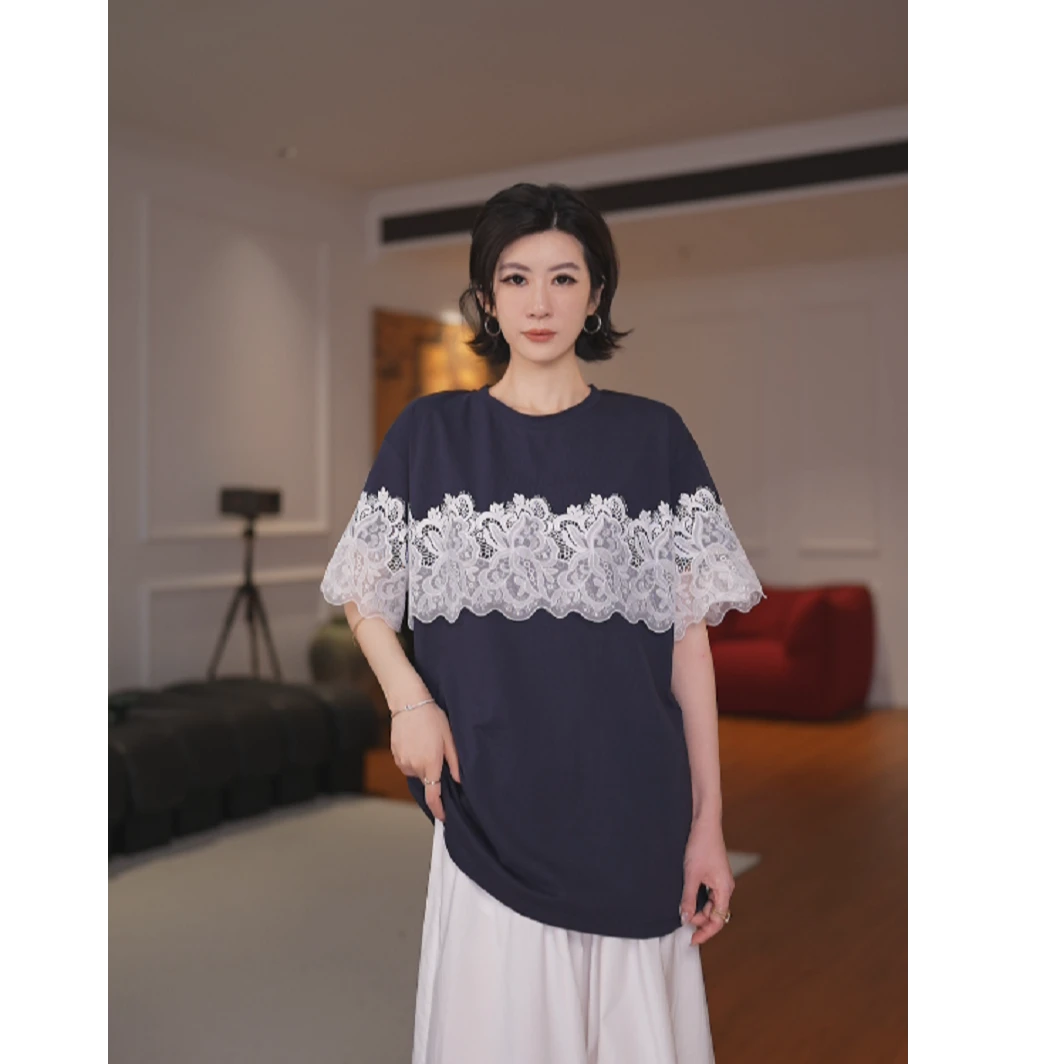 GU JIFEN｜巴黎玫瑰｜法式复古胸前蕾丝花宽松轻薄舒适T恤 X56221