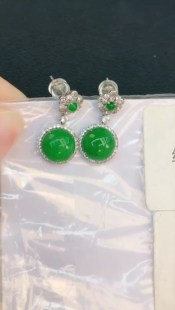 翡翠18K金镶嵌耳饰赠礼盒证书 麦麦