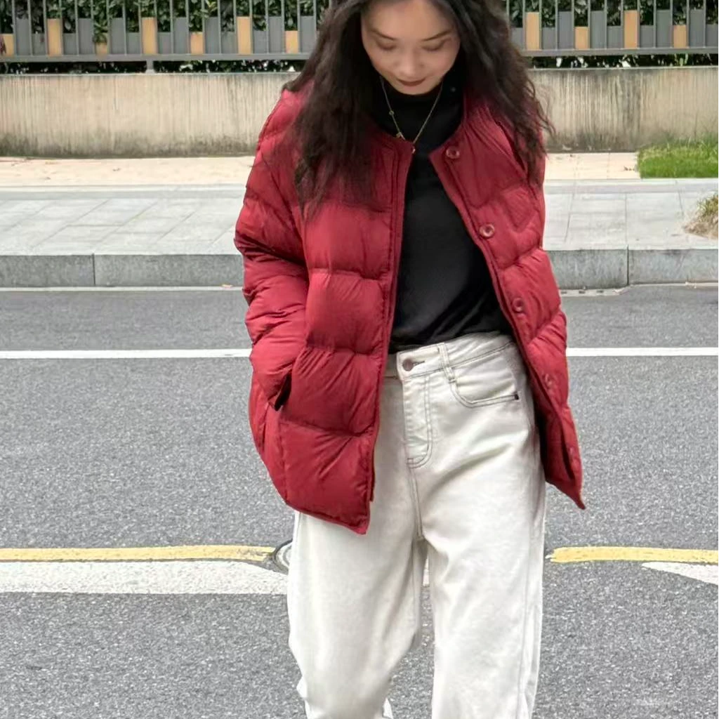 7711-厚款圆领中长款90鸭绒肯豆风落肩袖时尚保暖韩版秋冬羽绒服