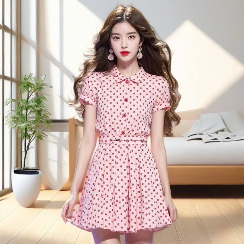 红色波点穿搭洋气气质茶歇法式衬衫碎花连衣裙夏季多巴胺裙子收腰