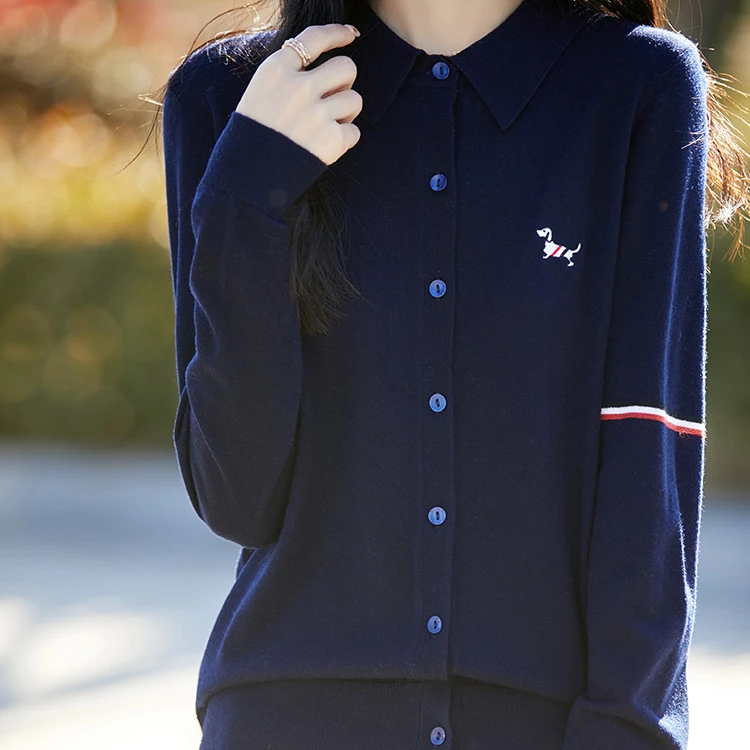 【精纺刺绣POLO领开衫】30%精纺羊毛开衫女士针织百搭时尚气质翻领