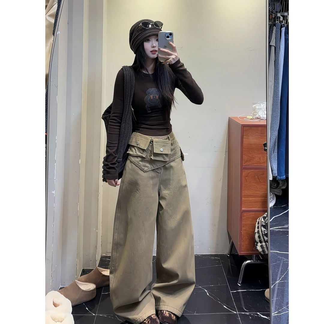冬季新款印花显瘦设计感打底上衣女美式复古加绒宽松阔腿裤两件套