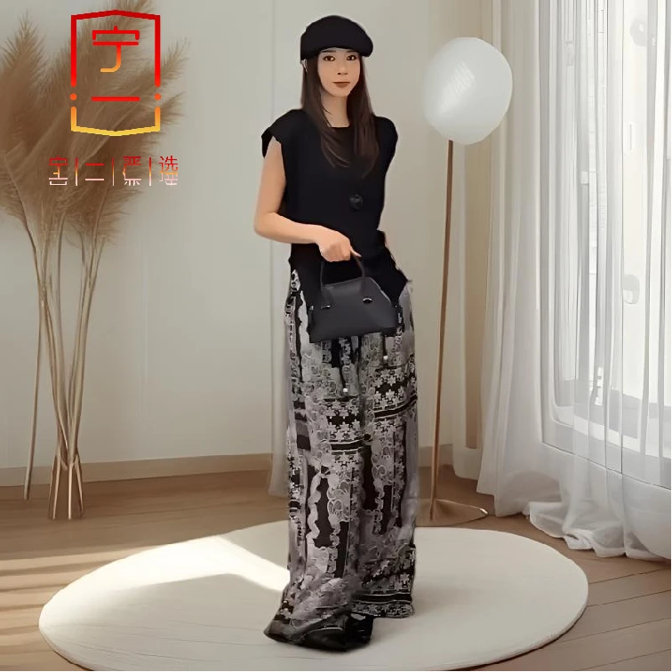 【宁一女装】时尚洋气显瘦欧洲站夏季女高腰阔腿裤简约通勤印花气质