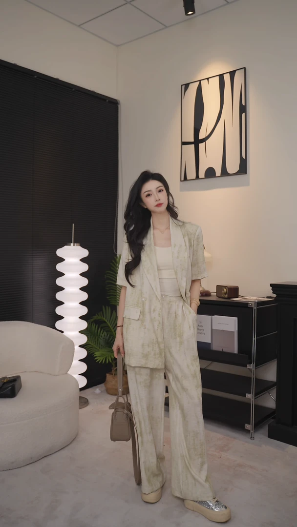 【MMXIN】夏季时尚天丝亚麻扎染西装套装显瘦气质阔腿设计师轻奢