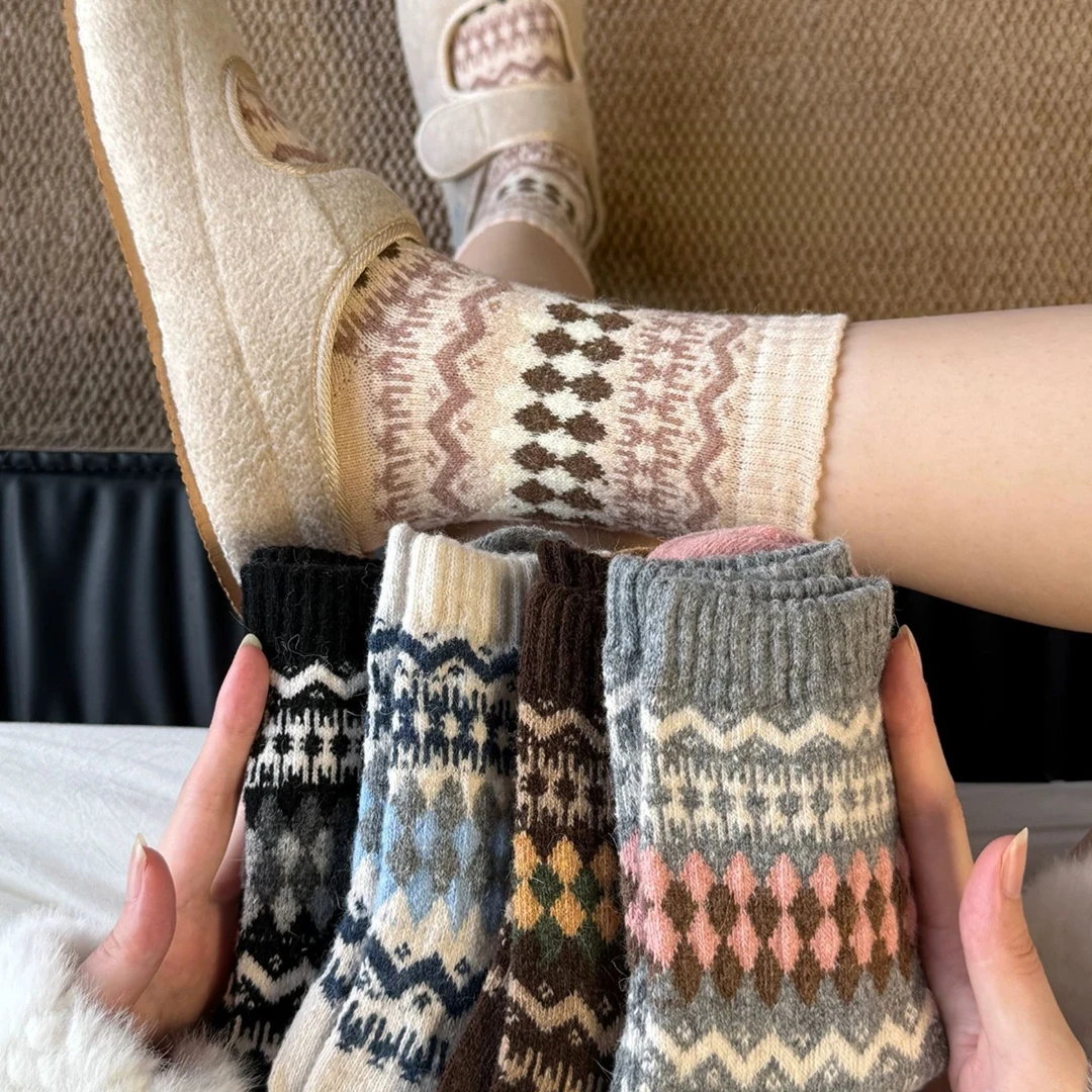 费尔岛袜子冬季加厚保暖袜复古中筒袜中筒堆堆袜长款