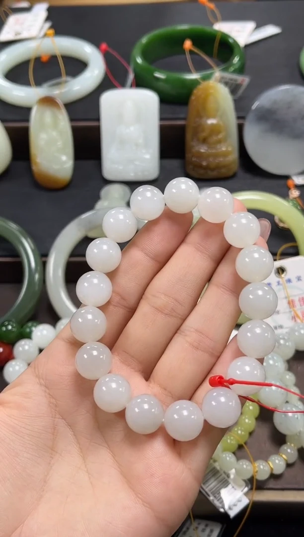 未镶嵌手串和田玉卡12青海野牛沟白玉 圆珠9013548