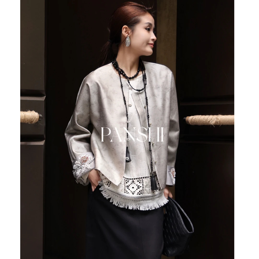 PANSHI原创小众设计重工高级感手工钉珠亮片新中式女装上衣