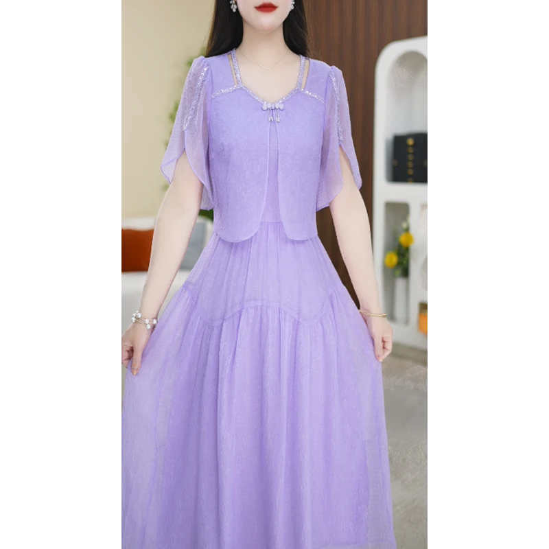 【连衣裙】夏季新款方领纯色休闲轻奢时尚中长款连衣裙M-4XL