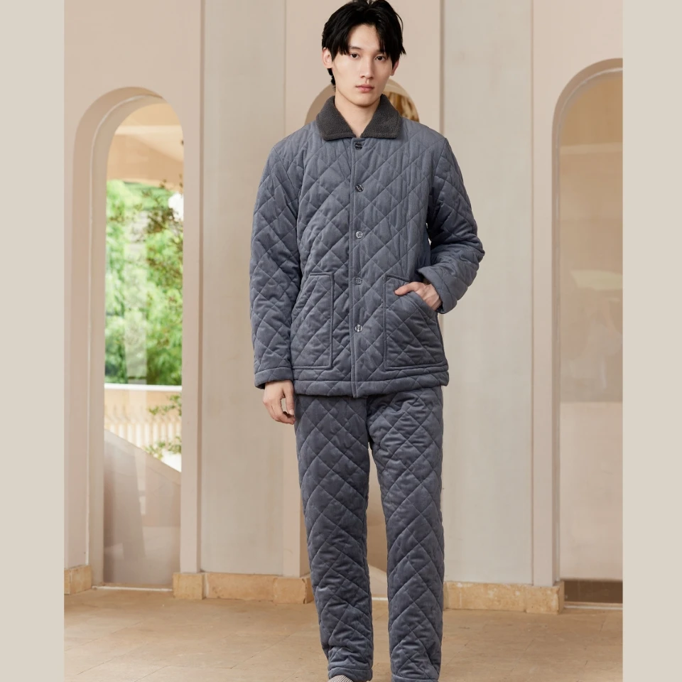 flossy弗劳思男士冬季加绒三层加厚保暖家居服套装JD284