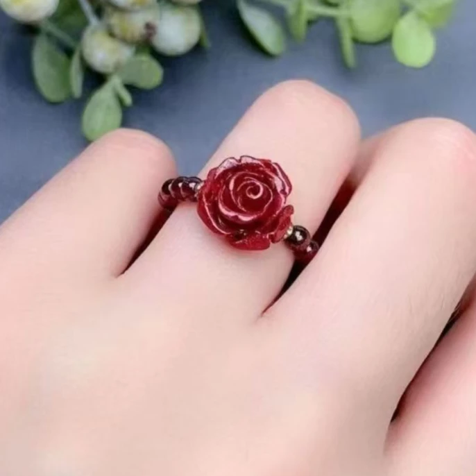 新款朱砂玫瑰花戒指石榴石复古紫牙乌戒圈S106