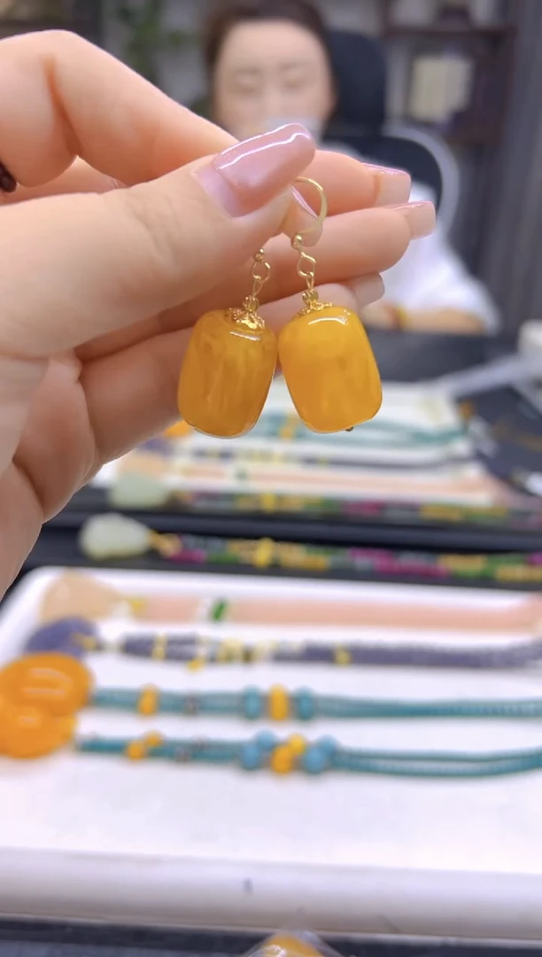 14K金镶嵌蜜蜡耳饰DIY款E620