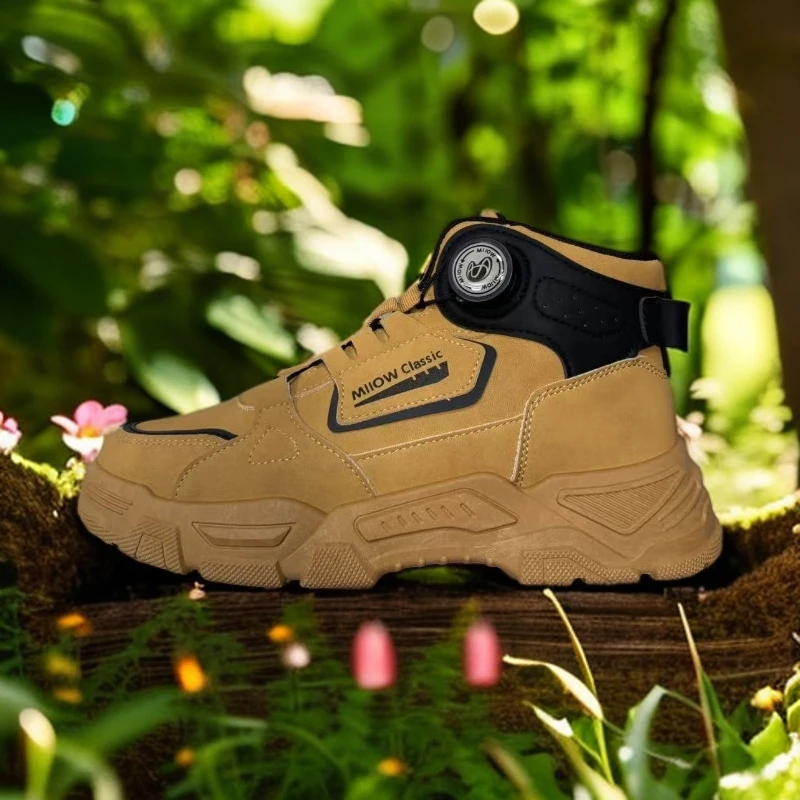 素面马丁靴工装鞋旋转纽扣秋冬靴子高帮男鞋防滑