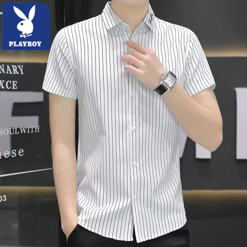 花花公子条纹商务短袖衬衫男薄款帅气冰丝男装上衣夏季休闲衬衣