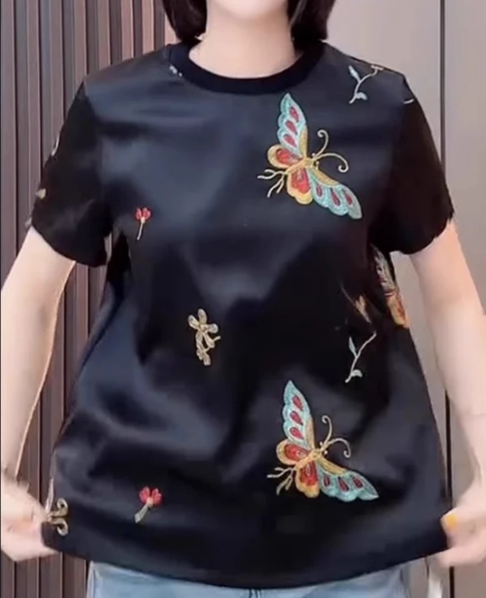 G新中式国风蝴蝶印花短袖设计感圆领上衣1176