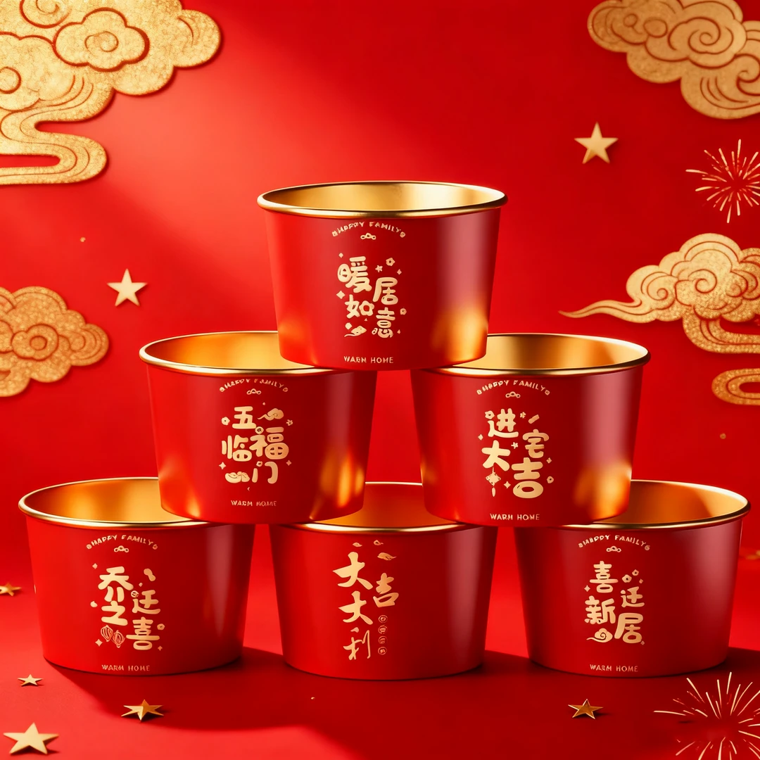 金箔色新年喜庆一次性纸碗家用圆碗餐盒新年红色饭碗混装多种图案