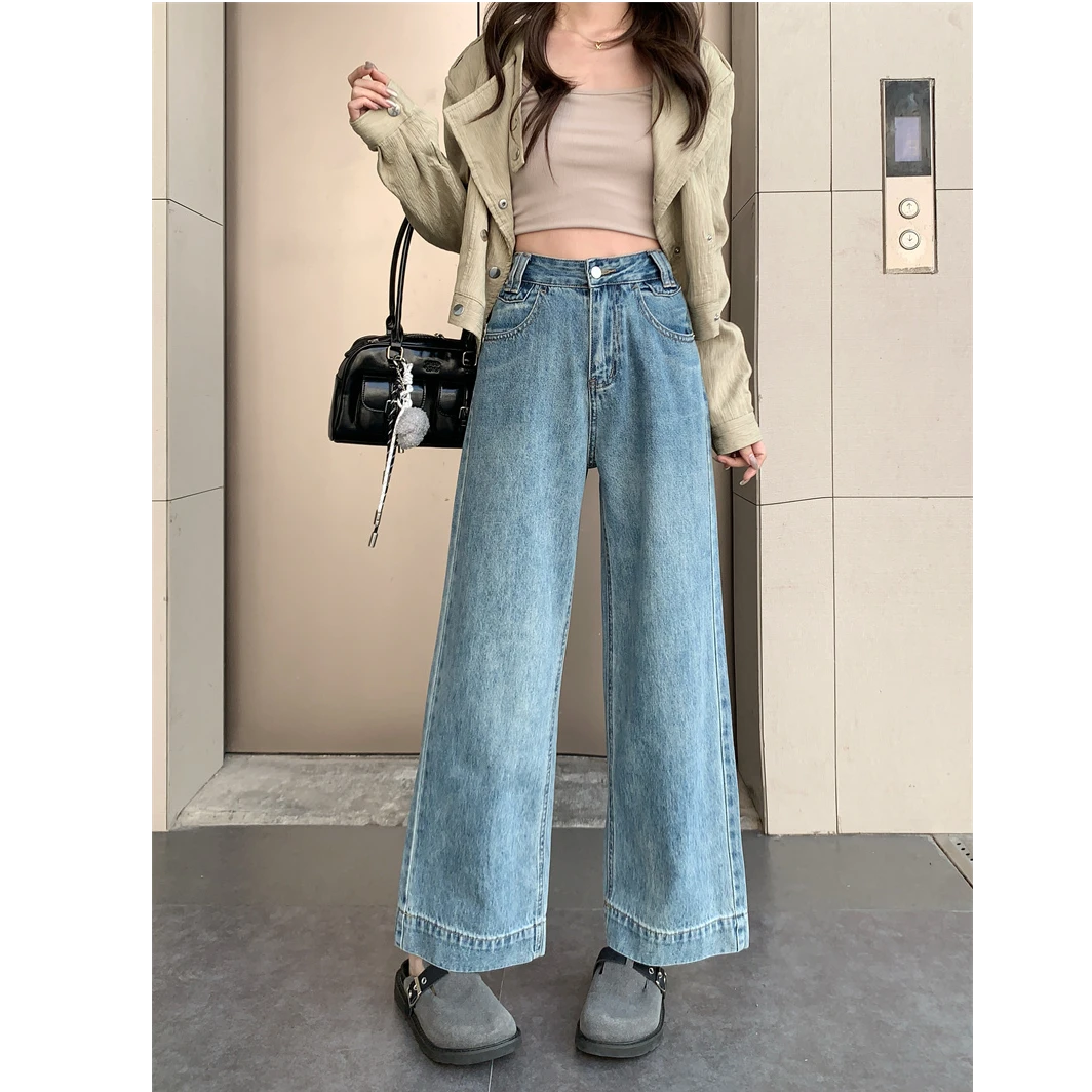 【依依】大码微胖复古法式高腰阔腿显瘦宽松牛仔裤女春秋季直筒裤子