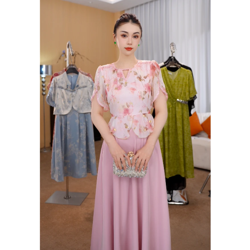 粉色恋人 G6520粉色碎花假两件气质连衣裙女夏2025新款漂亮掐腰裙