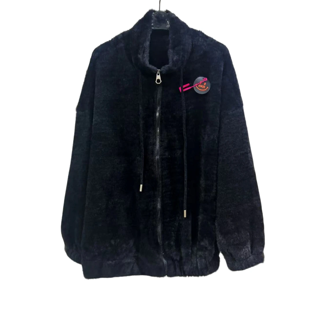 7685-（笑脸标）（黑色）1.3不掉毛毛绒拉链卫衣外套