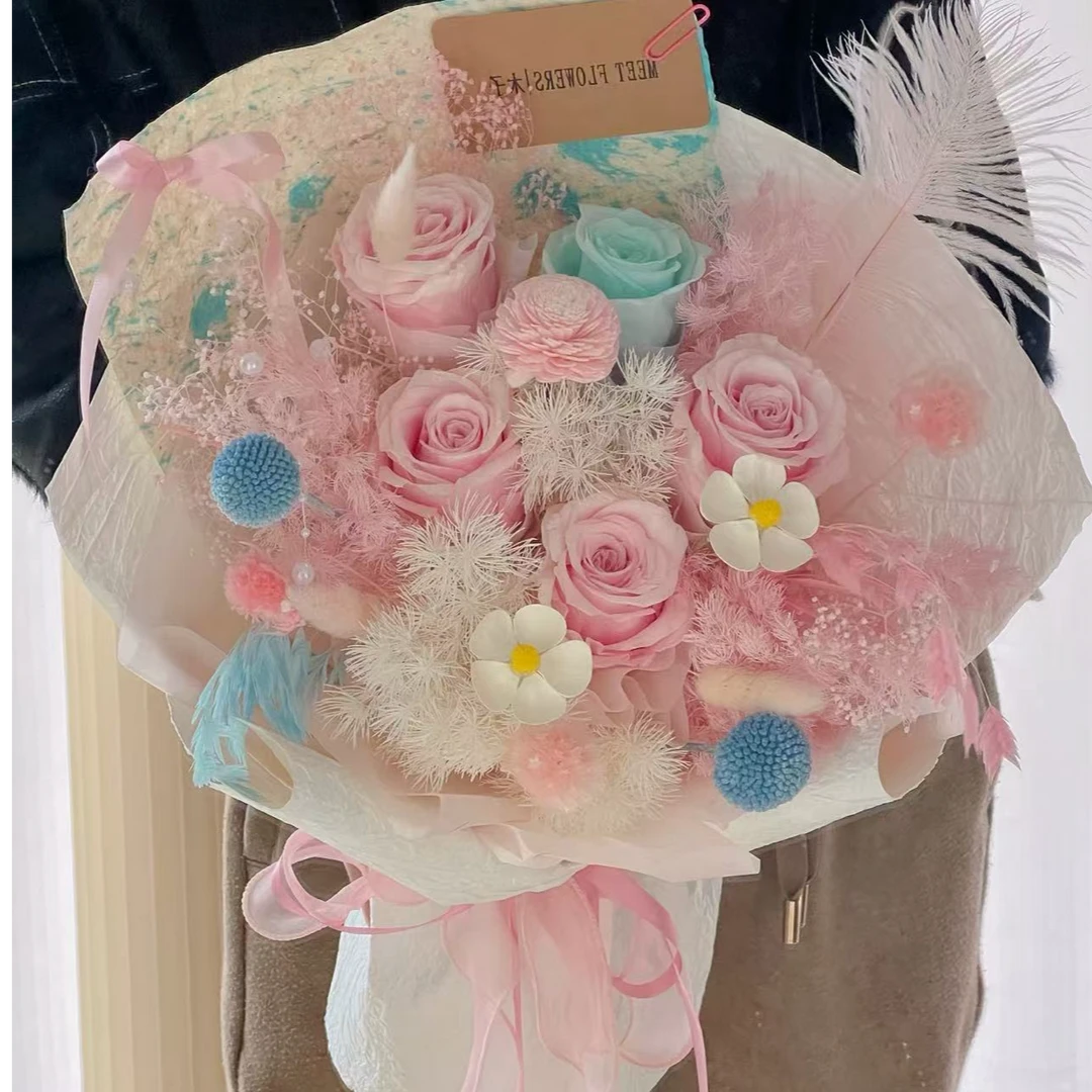 粉蓝色系永生花束送女友