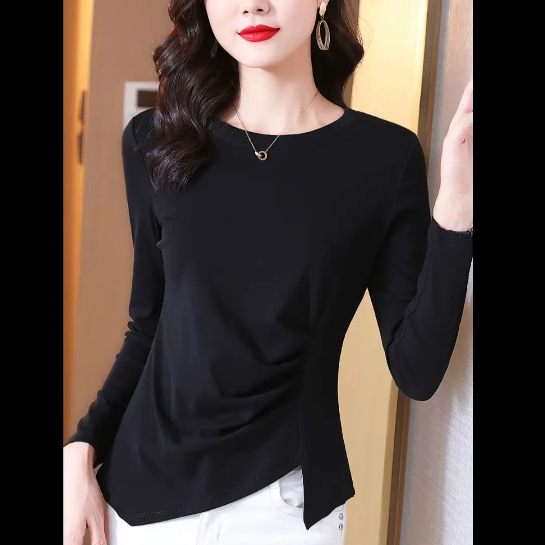 【运费补贴】新款长袖开叉不规则褶皱女装上衣净面设计春秋上衣小衫