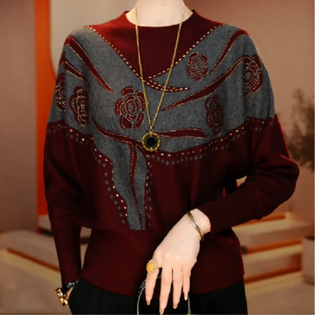 秋冬季新款潮衫女士气质妈妈上档次撞色上新针织打底毛衣气质女款