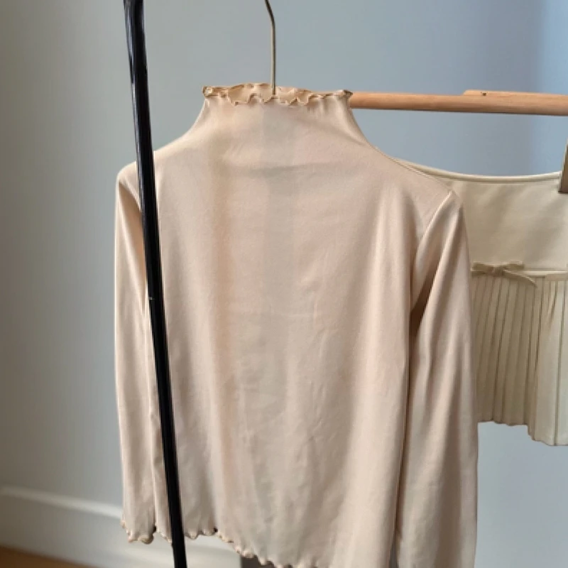 纯色木耳边半高领打底衫女冬季加绒加厚保暖T恤修身上衣磨毛百搭