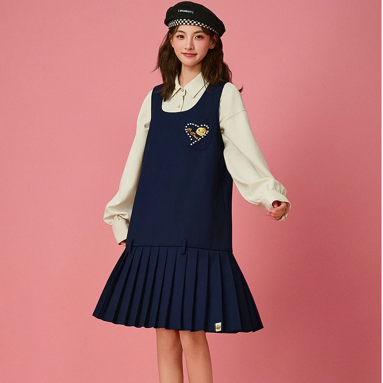【蝴蝶结】B.Duck小黄鸭2025年秋新款芭蕾少女学院风绣花背心连衣裙