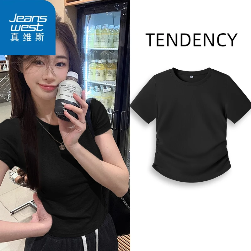 真维斯女装抗皱束身短袖短款T恤圆领韩版纯色修身高颜值半袖上衣