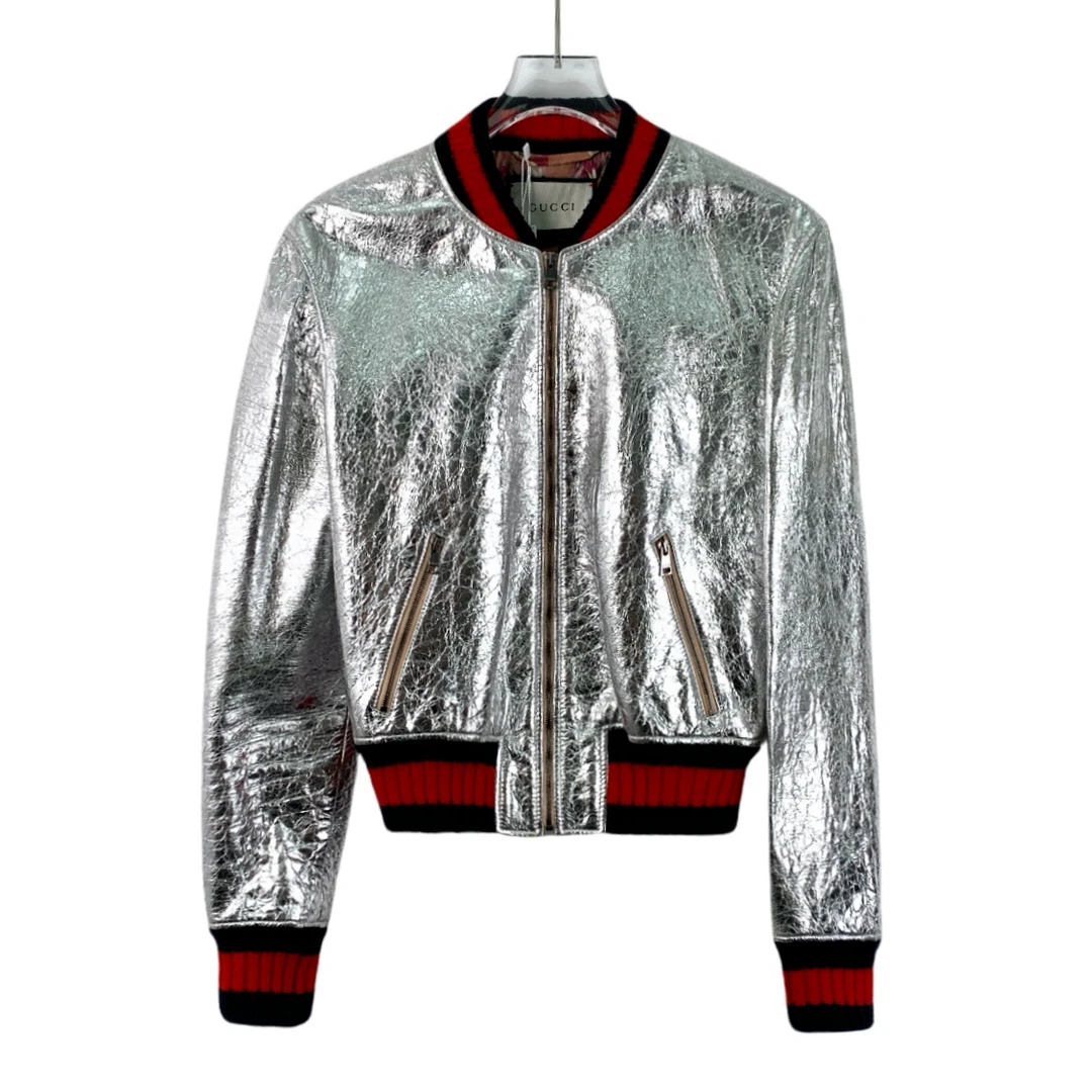 95新 GUCCI/古驰 DW0431  银色条纹长袖羊皮革夹克外套 40 M码