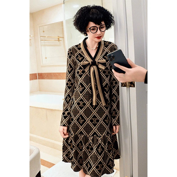 《蝴蝶结》72866-A 菲姐时尚高端气质连衣裙长款