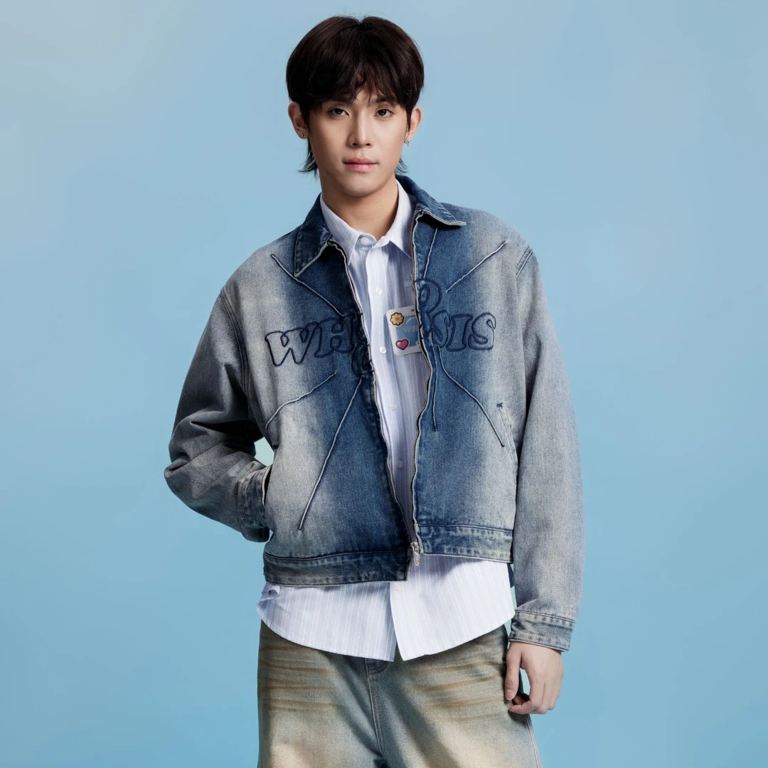 WHOOSIS（不知其名）渐变打褶牛仔夹克春秋美式复古水洗时尚外套男