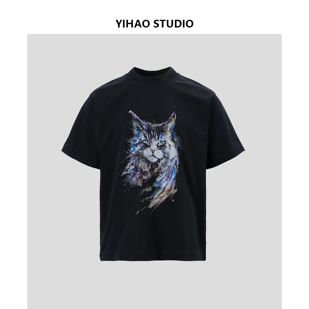 YIHAO STUDIO夏季新款男士潮流纯棉T恤休闲宽松小猫印花圆领短袖
