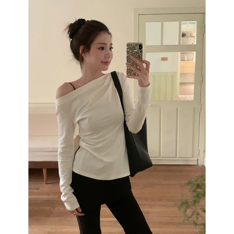 48H【春日C位】加长温柔风气质修身打底斜肩上衣女 SP076