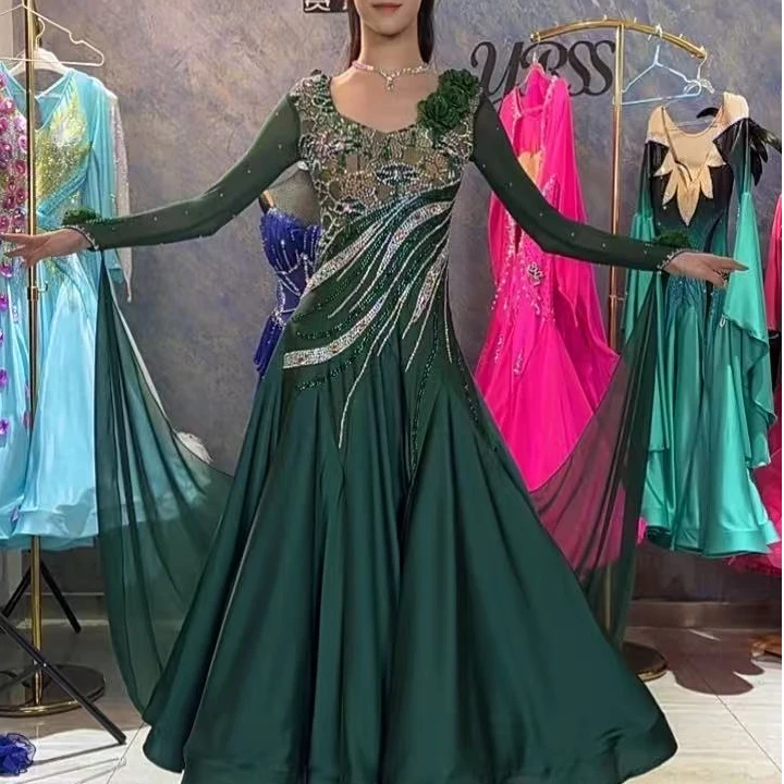 YRSS舞服♥全新墨绿蕾丝赛服连衣裙显瘦摩登表演