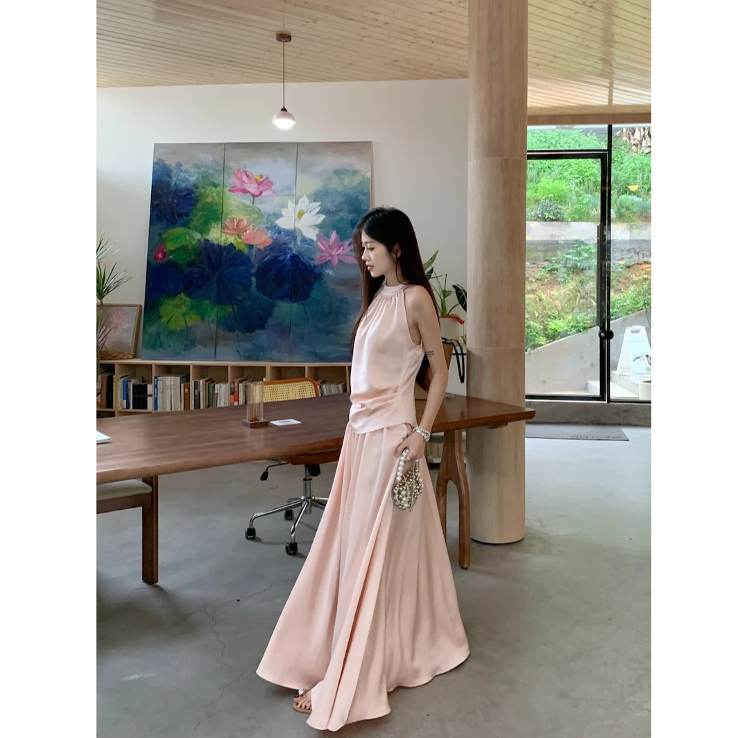 雾粉淡人天菜 高领收褶半身裙套装