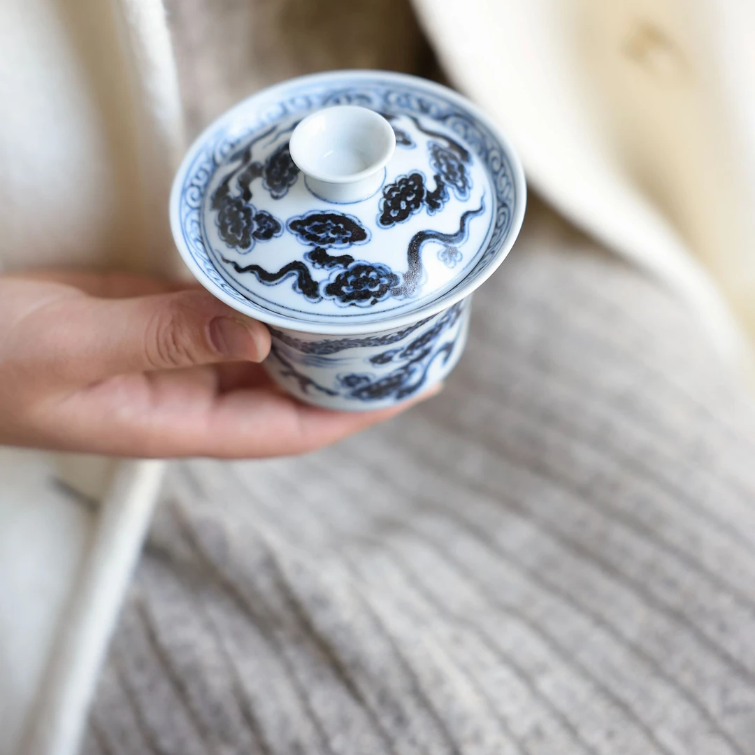 茶圈大魔王茶器景德镇纯手绘元岚堂元青花龙纹小马蹄二才盖碗150c