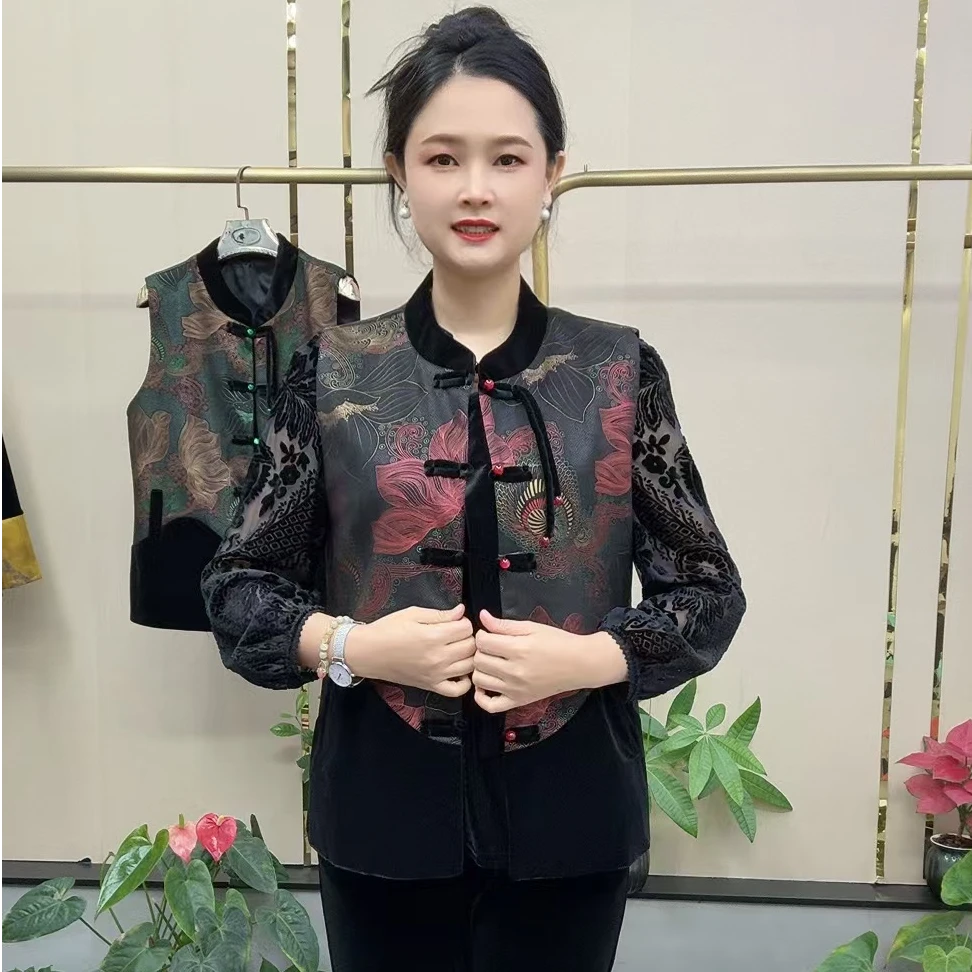 【HS】 金枝玉叶丝绒拼接流苏盘扣马甲