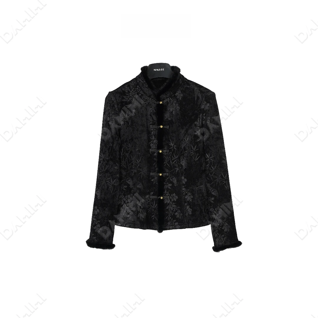 【诗瑶】新中式国风冬季新款加绒加厚提花减龄显瘦打底上衣F9931