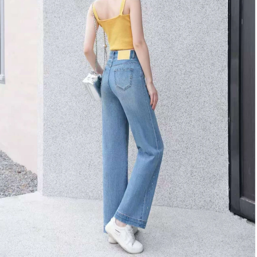 牛仔裤长裤春季中高腰磨白高腰高街风女百搭夏季薄款显瘦宽松垂感