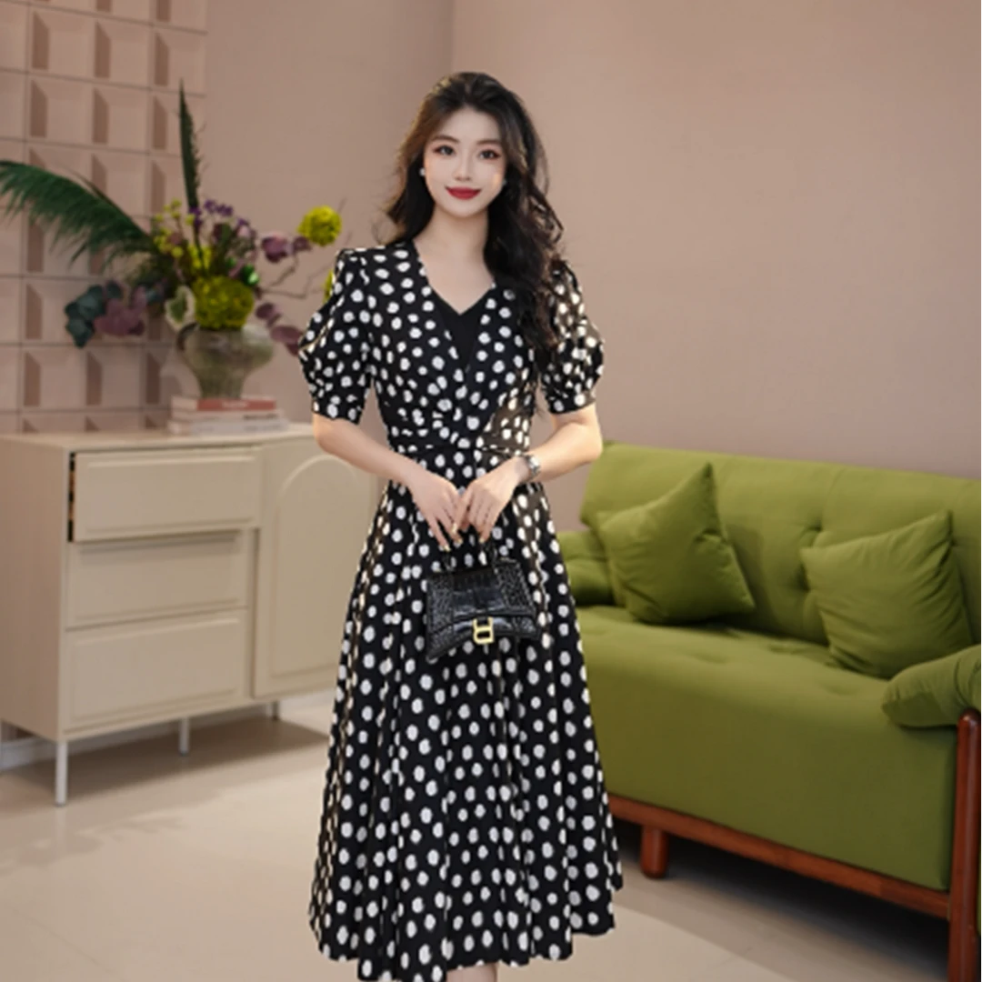 GIRDEAR/哥弟复古法式V领波点收腰假两件泡泡袖连衣裙1500455
