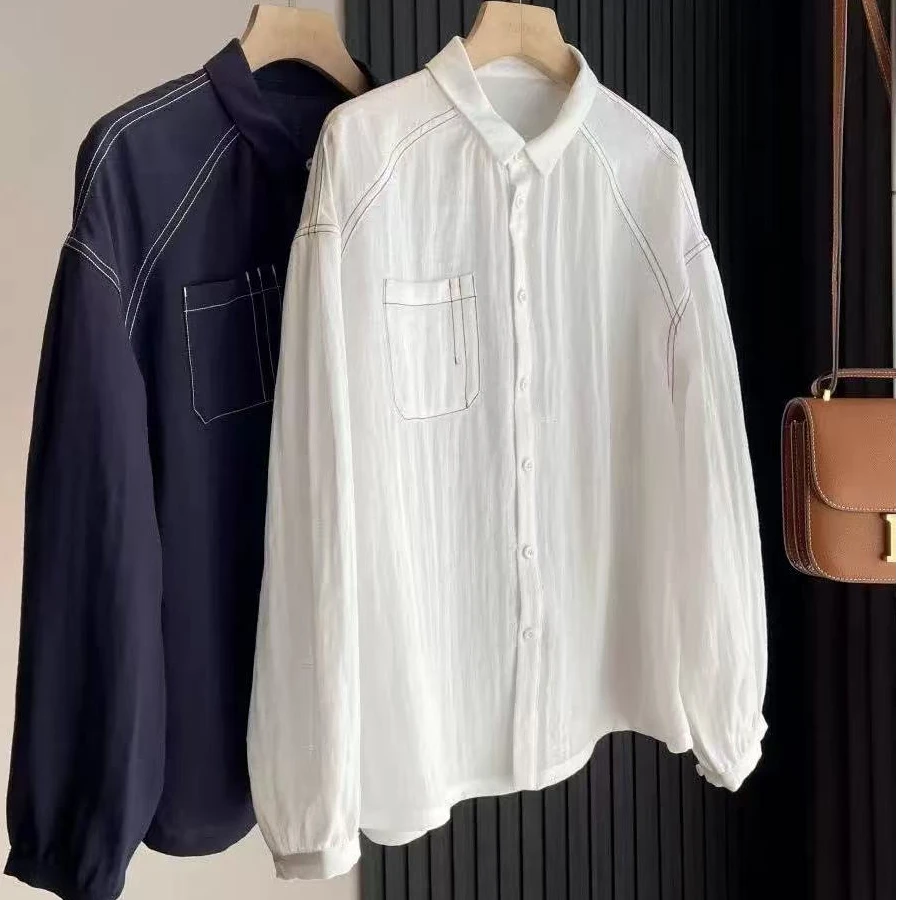 库存明线撞色小翻领舒适长袖衬衫女百搭2113
