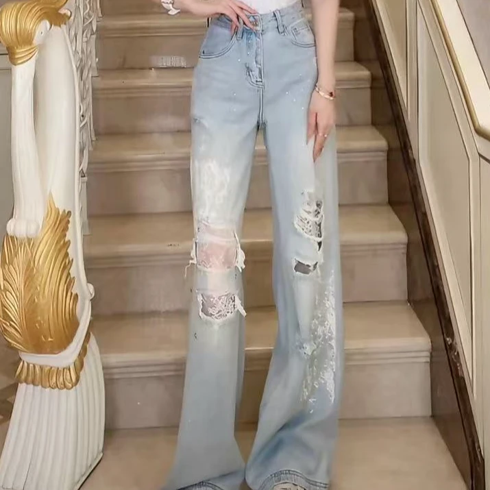 【冰川海盐】春夏新款蕾丝亮片破洞牛仔裤时尚百搭宽松拖地直筒裤