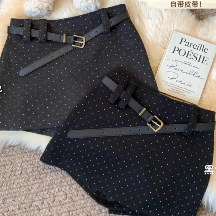 加厚毛呢波点短裙女秋冬季2024新款高腰a字半身裙小个子包臀裙子