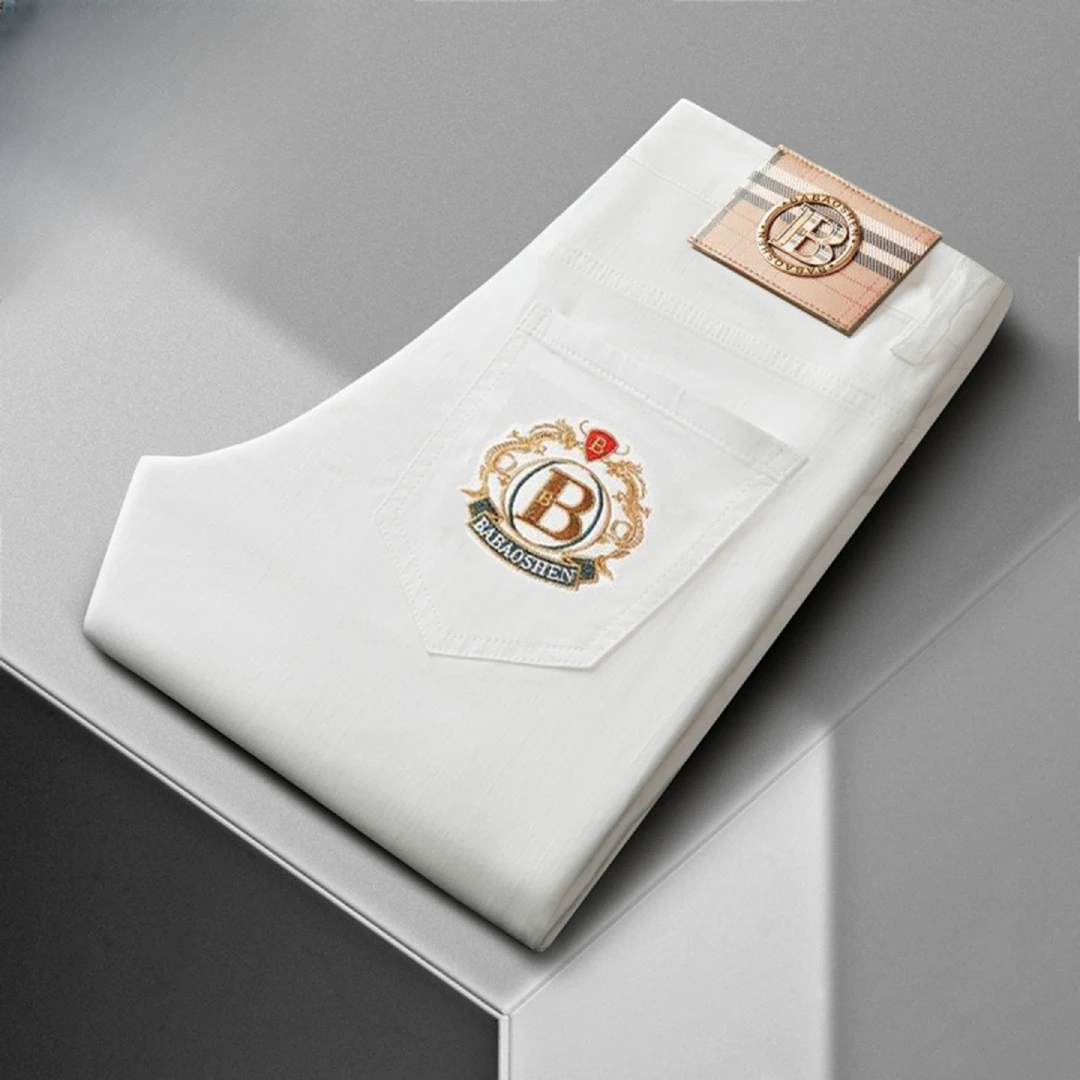 牛仔裤男士夏季款纯棉彩色休闲轻奢商务欧货潮牌刺绣修身直筒裤男