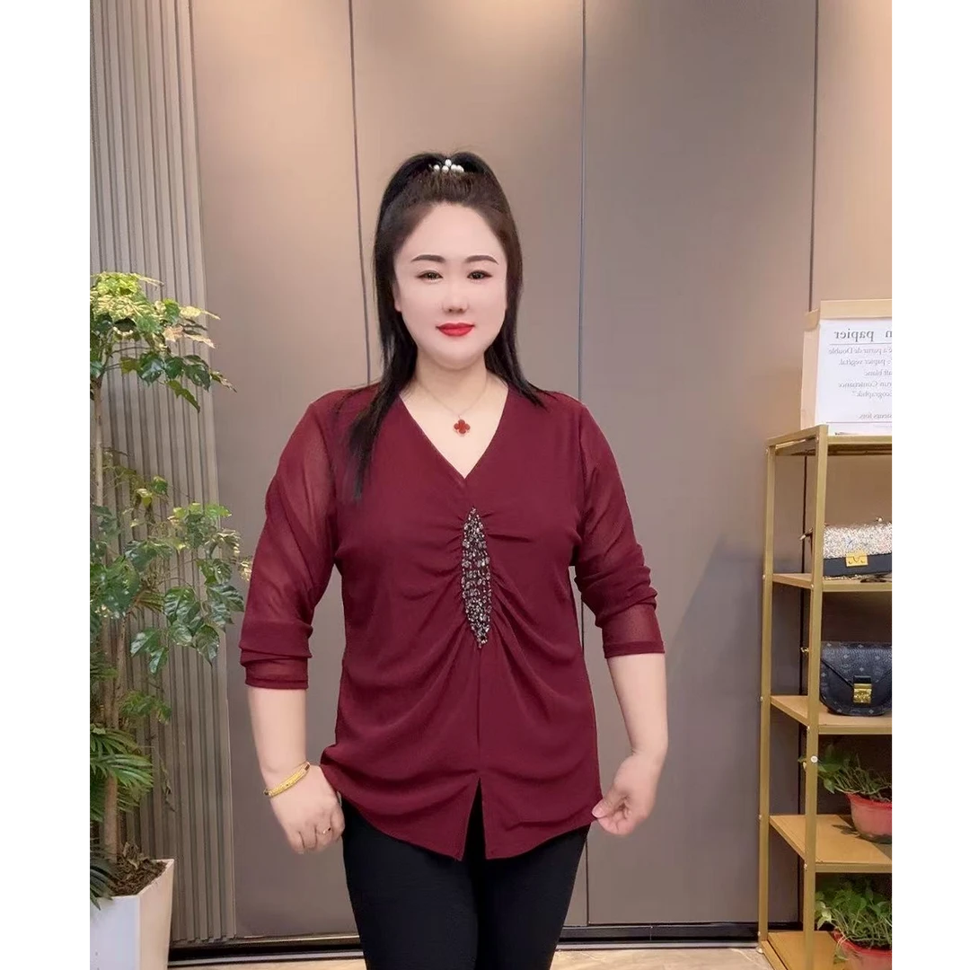 2025春季新款时尚洋气V领褶皱重工设计感网纱减龄上衣