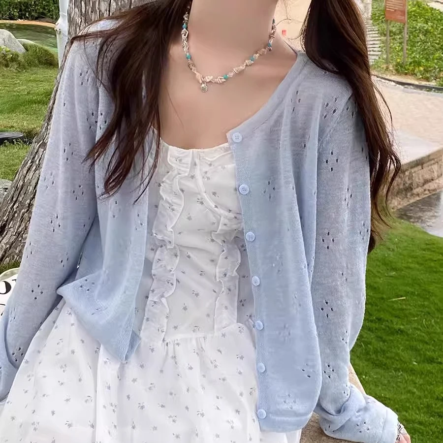 夏季单排扣钩花镂空开衫薄款防晒针织衫女宽松显瘦短款长袖罩衫